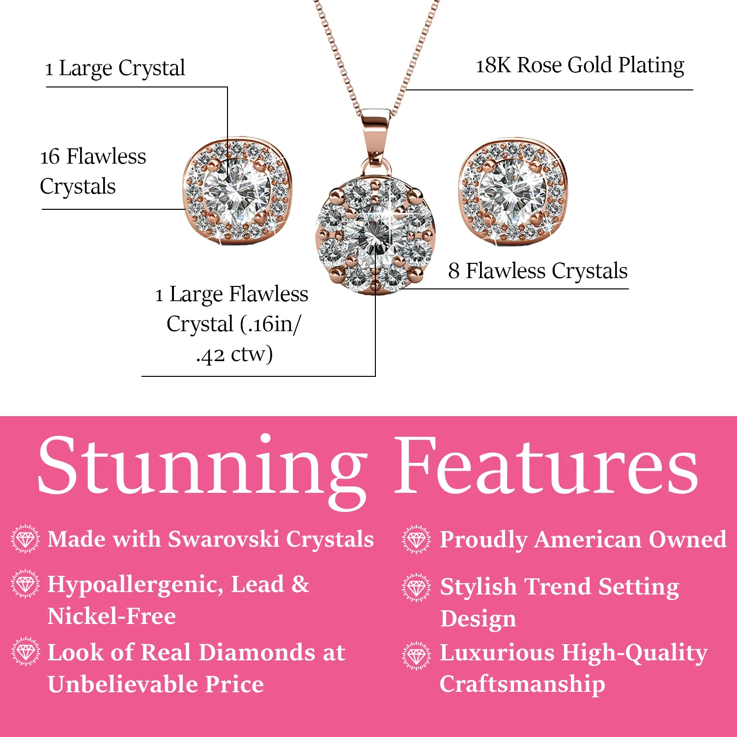 Ruth 18k White Gold Plated Stud Earrings and Necklace Jewelry Set with Swarovski Crystals