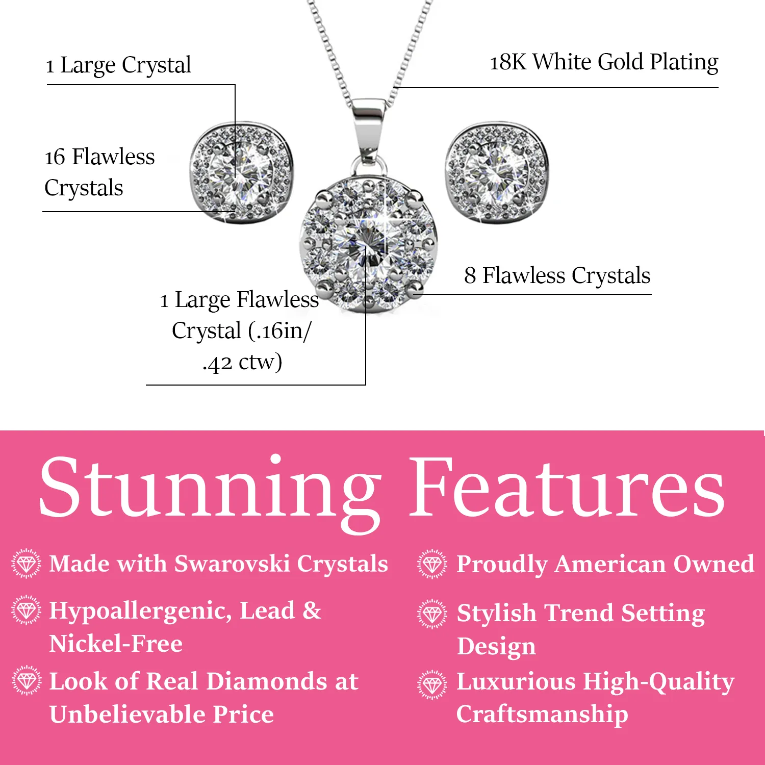 Ruth 18k White Gold Plated Stud Earrings and Necklace Jewelry Set with Swarovski Crystals