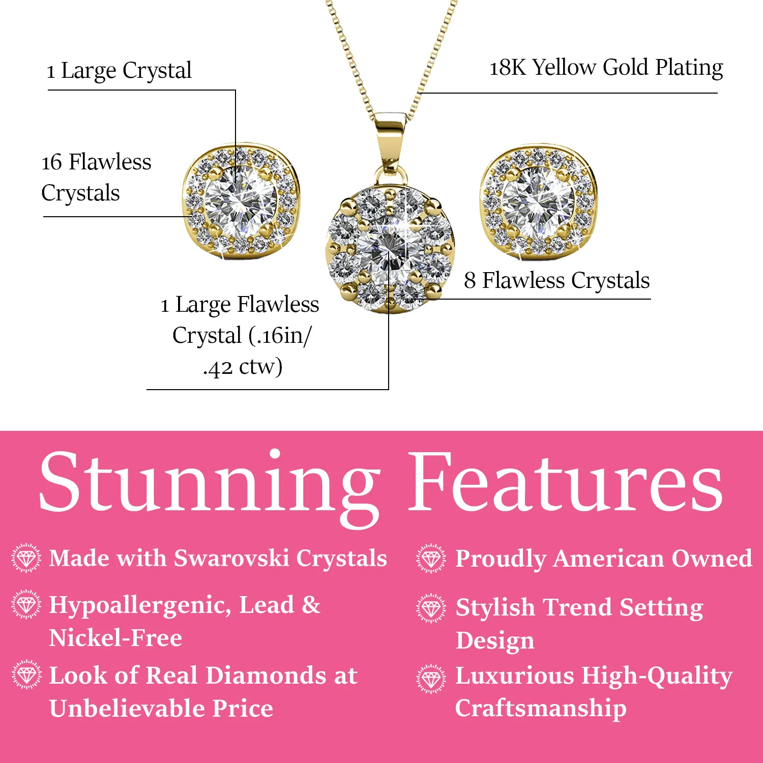 Ruth 18k White Gold Plated Stud Earrings and Necklace Jewelry Set with Swarovski Crystals