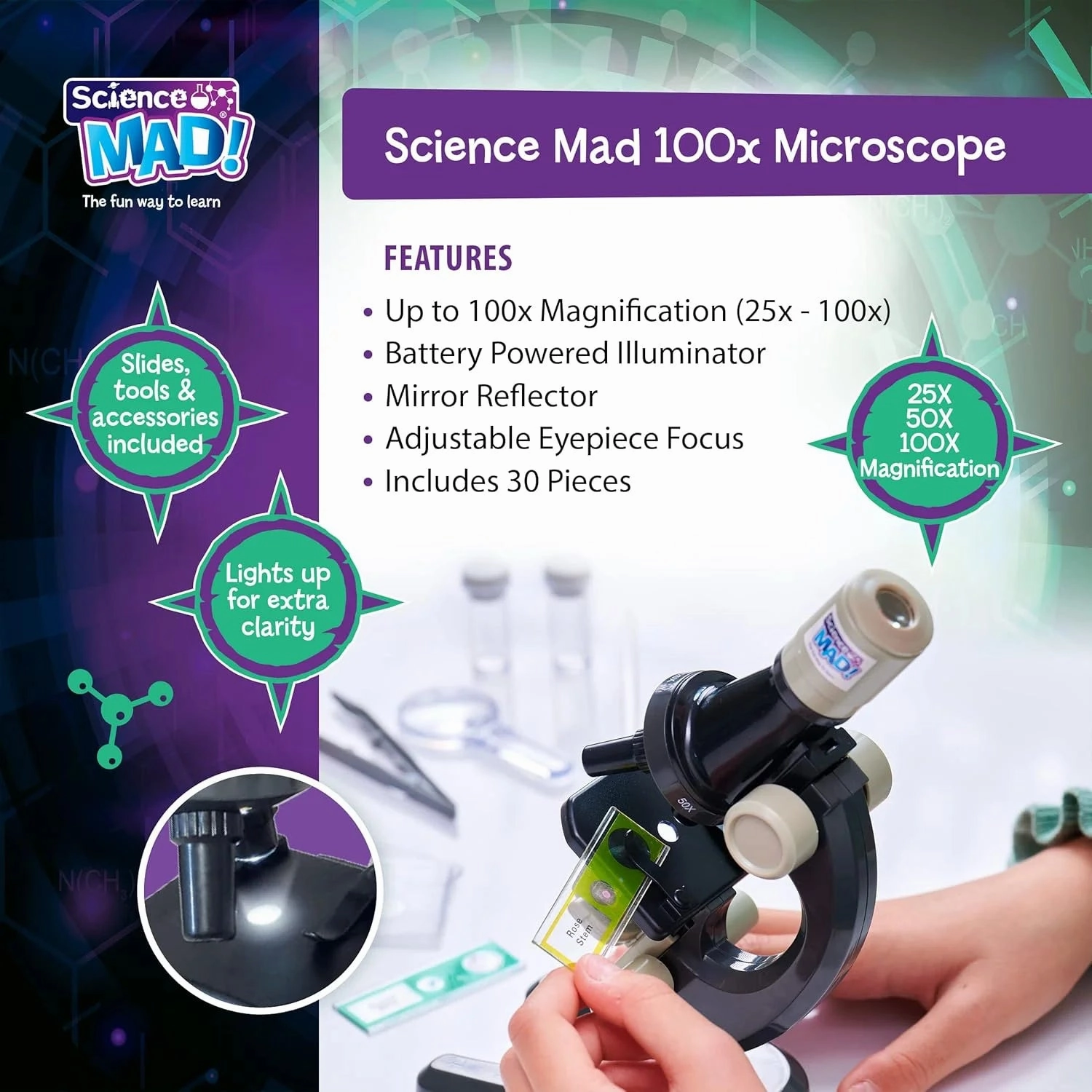 Science Mad 100x Microscope - 30 Piece Set