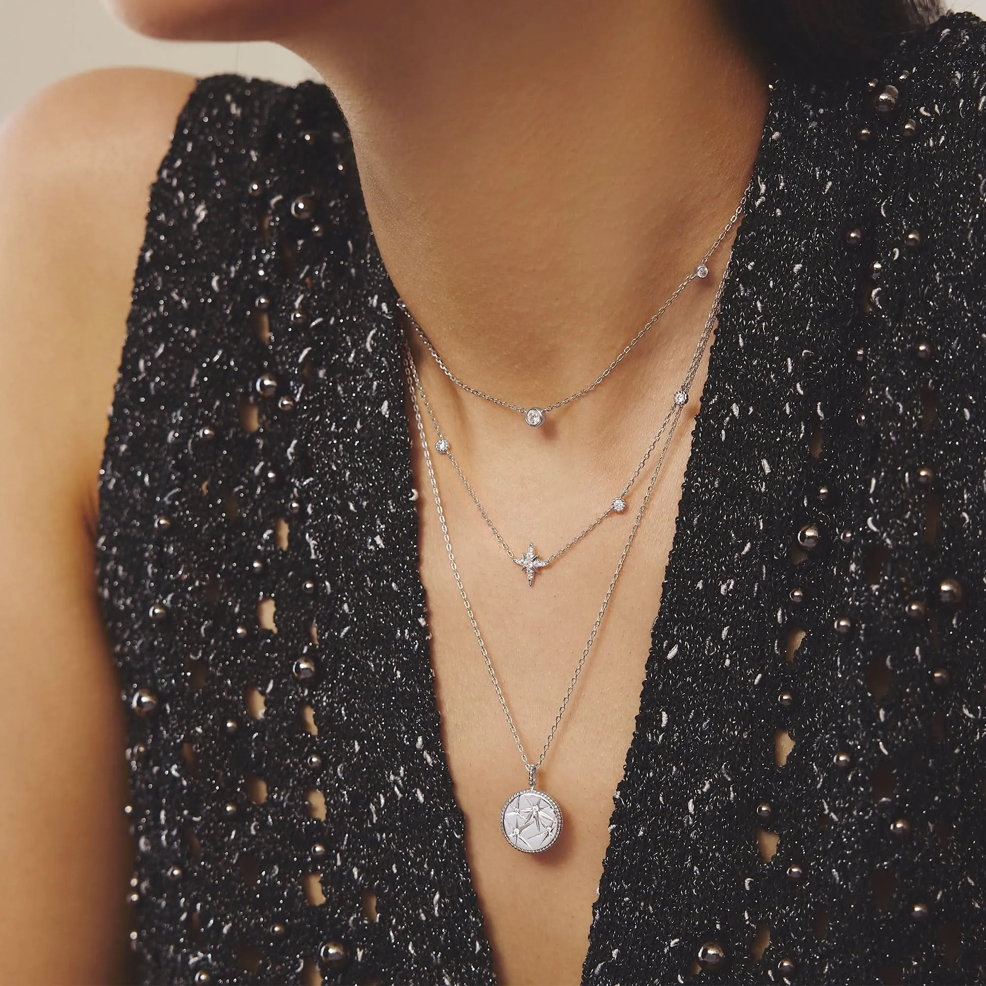 Silver Eight-Pointed Star Cubic Zirconia Station Necklace N065-02H Ania Haie Jewellery