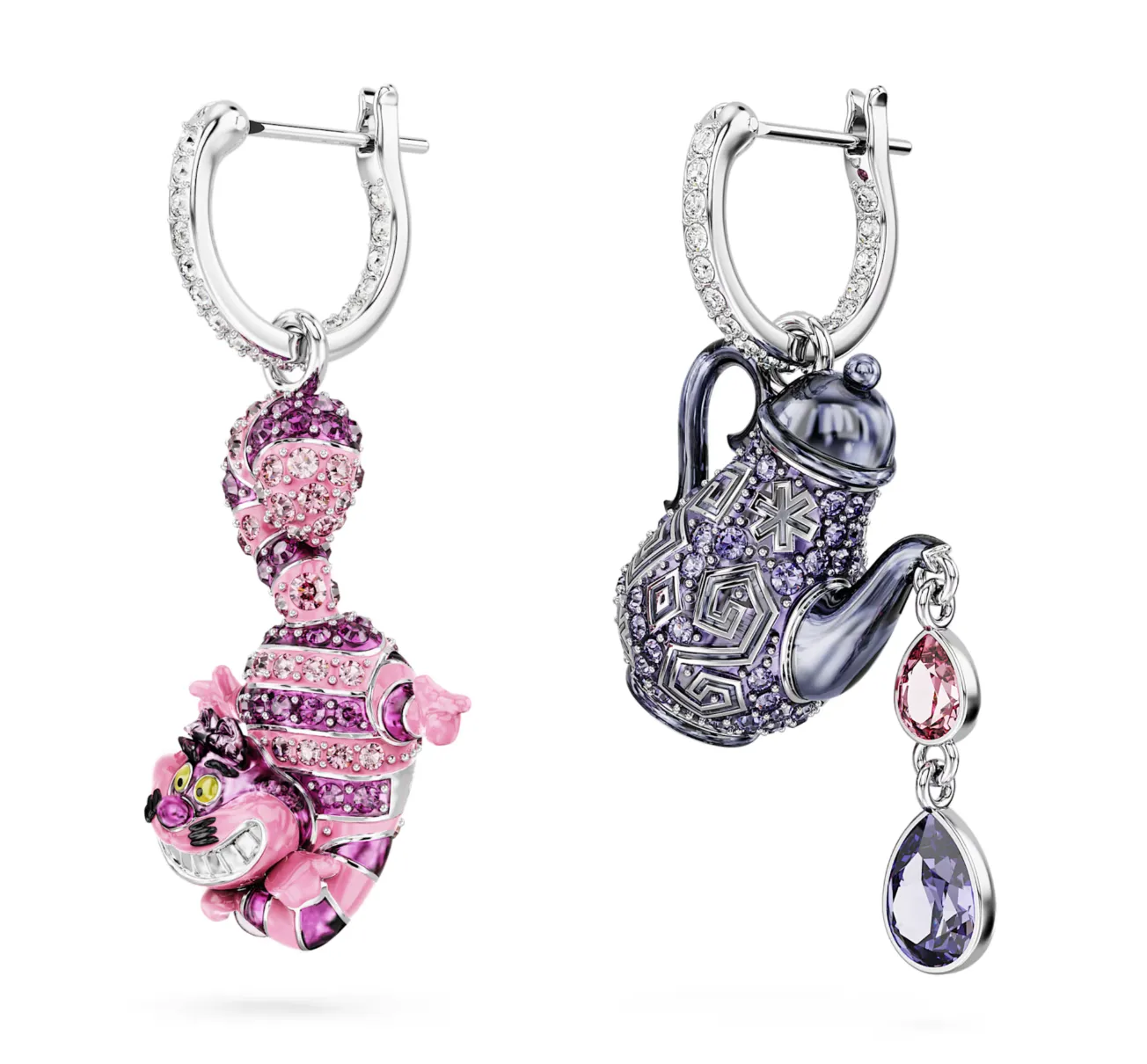 Swarovski Jewellery Alice in Wonderland Asymmetrical Design Cat and teapot Multicoloured Drop Earrings
