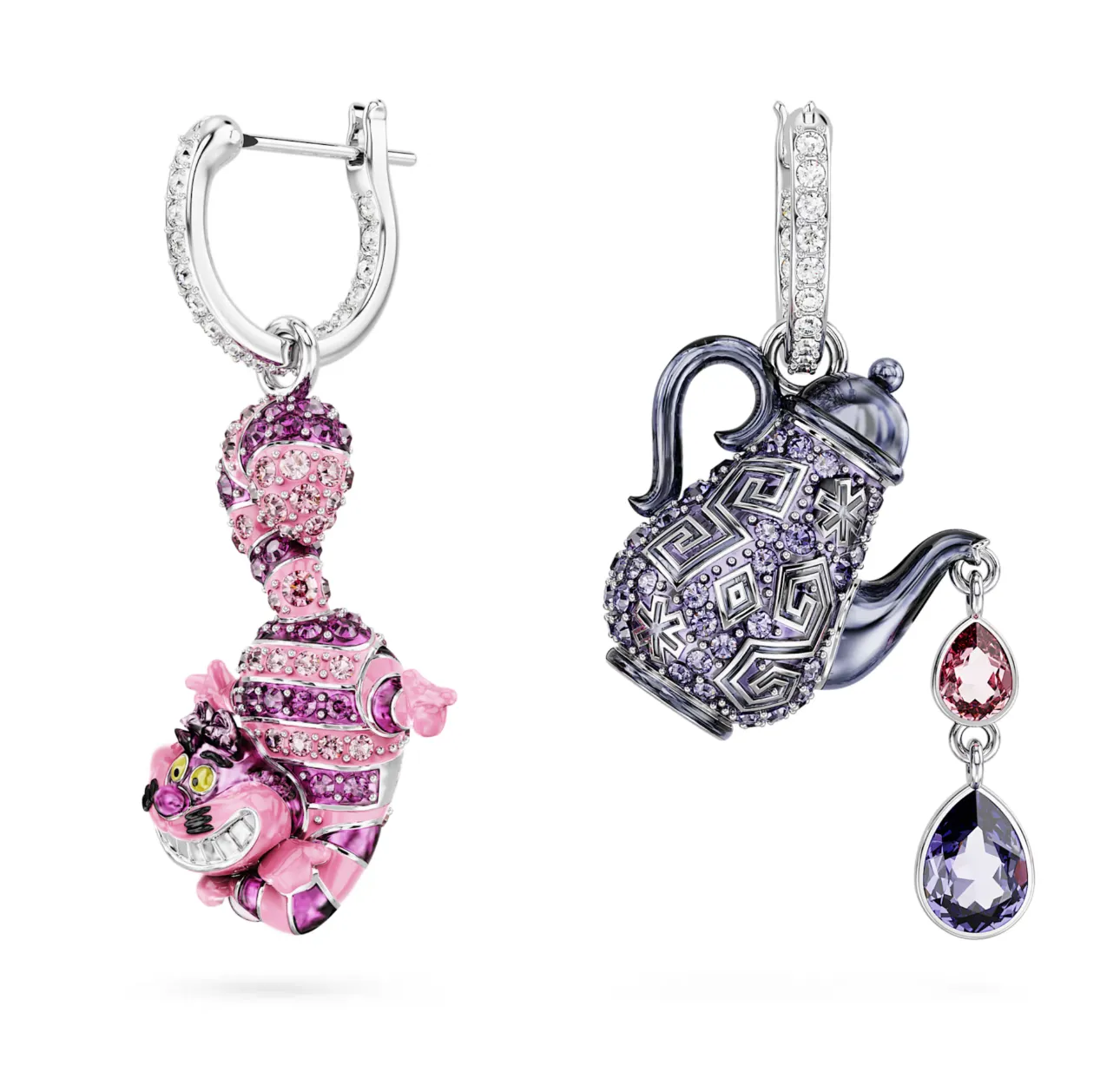 Swarovski Jewellery Alice in Wonderland Asymmetrical Design Cat and teapot Multicoloured Drop Earrings
