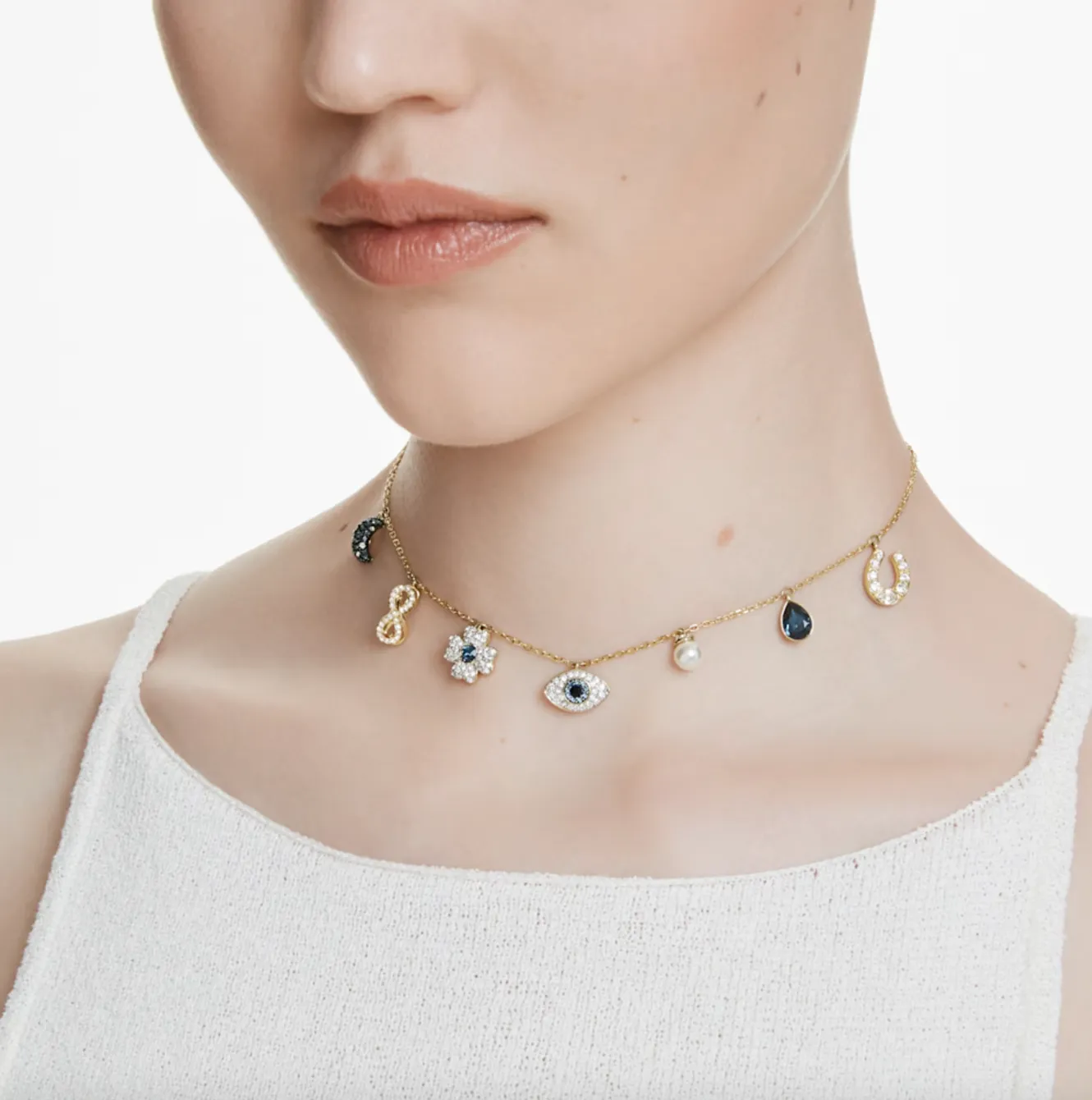 Swarovski Jewellery Symbolica Clover, Evil Eye, Horseshoe, Blue & Gold Tone Choker