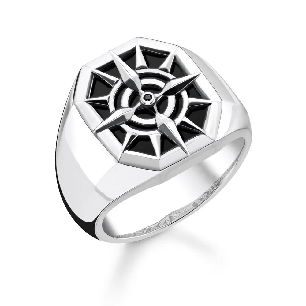 Thomas Sabo Silver Jewellery Thomas Sabo Sterling Silver Black Onyx Compass Signet Ring