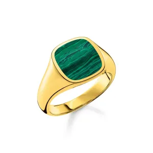 Thomas Sabo Silver Jewellery Thomas Sabo Sterling Silver Gold Plated Malachite Square Signet Ring