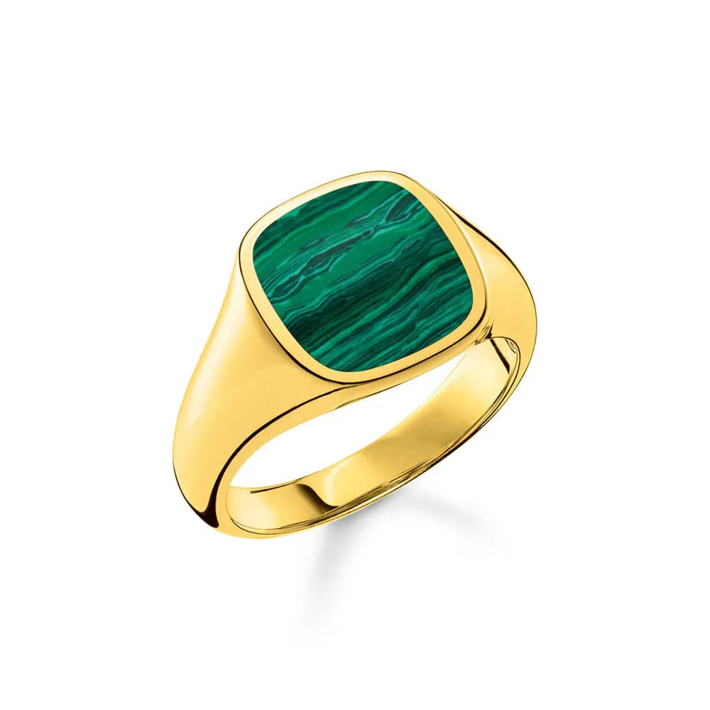 Thomas Sabo Silver Jewellery Thomas Sabo Sterling Silver Gold Plated Malachite Square Signet Ring