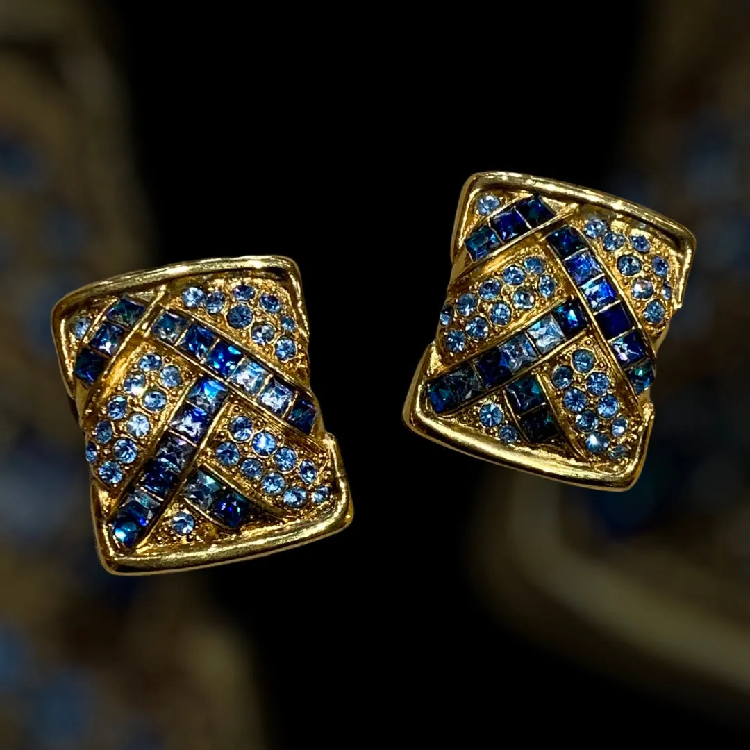 Yves Saint Laurent  Vintage Clip On Earrings Gold Blue Crystal Sqaure