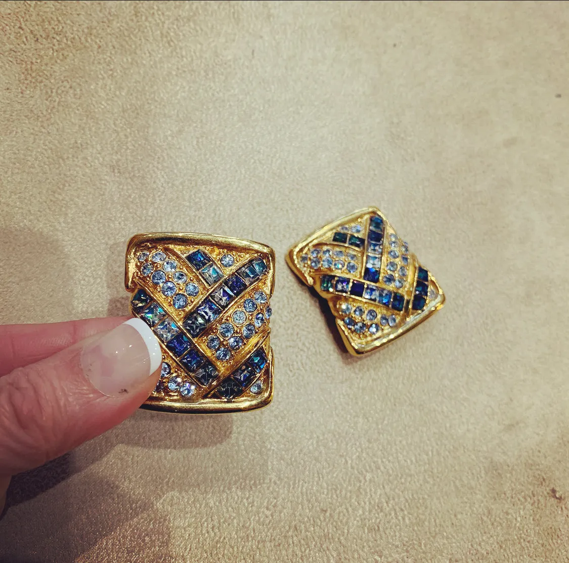 Yves Saint Laurent  Vintage Clip On Earrings Gold Blue Crystal Sqaure
