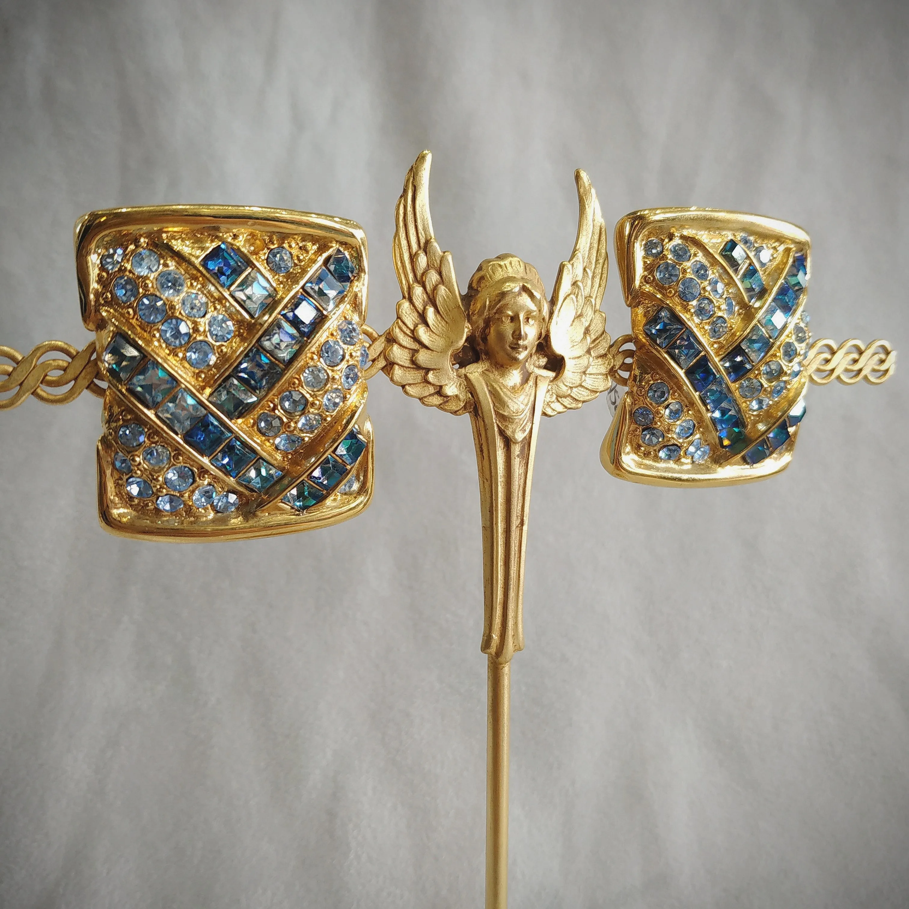 Yves Saint Laurent  Vintage Clip On Earrings Gold Blue Crystal Sqaure