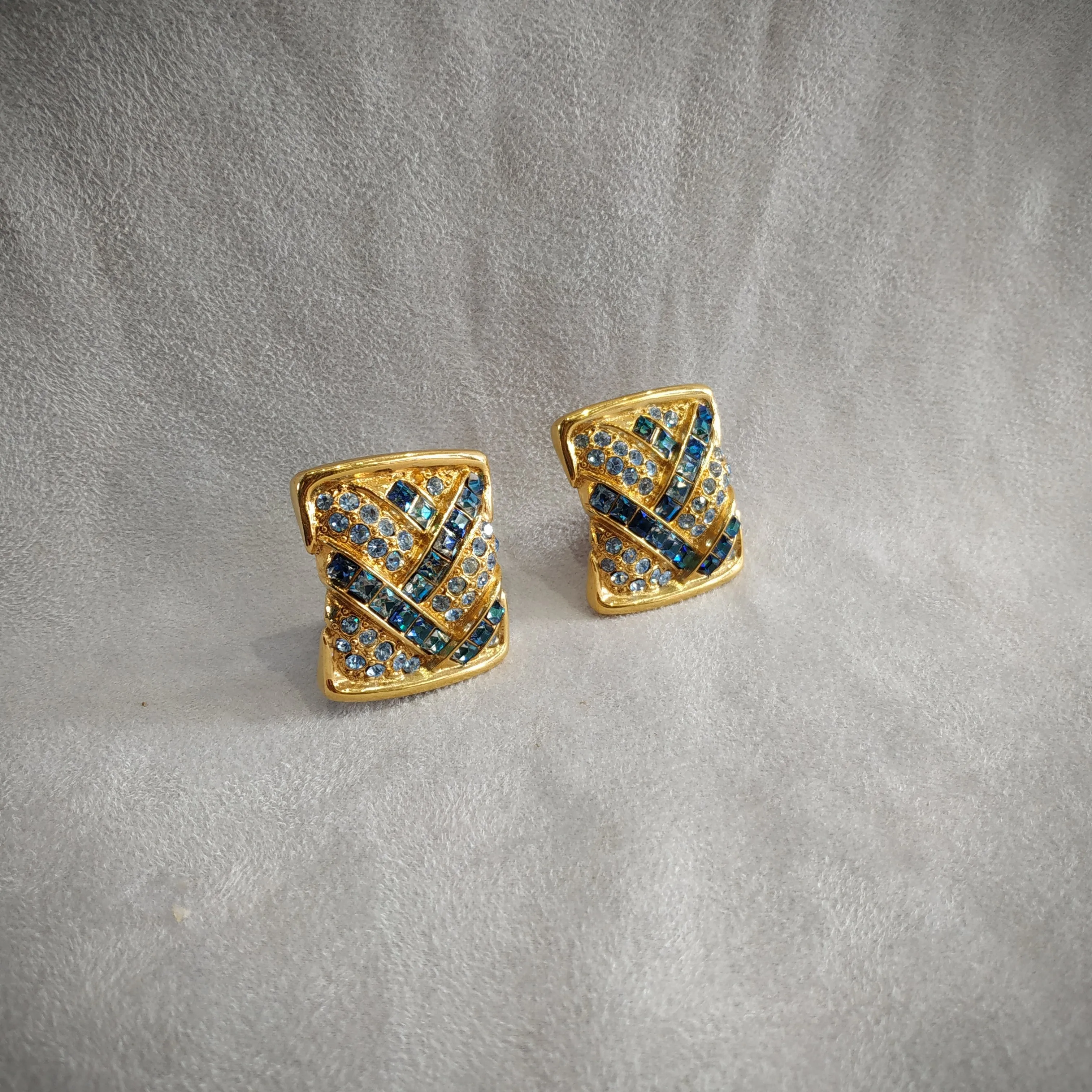 Yves Saint Laurent  Vintage Clip On Earrings Gold Blue Crystal Sqaure