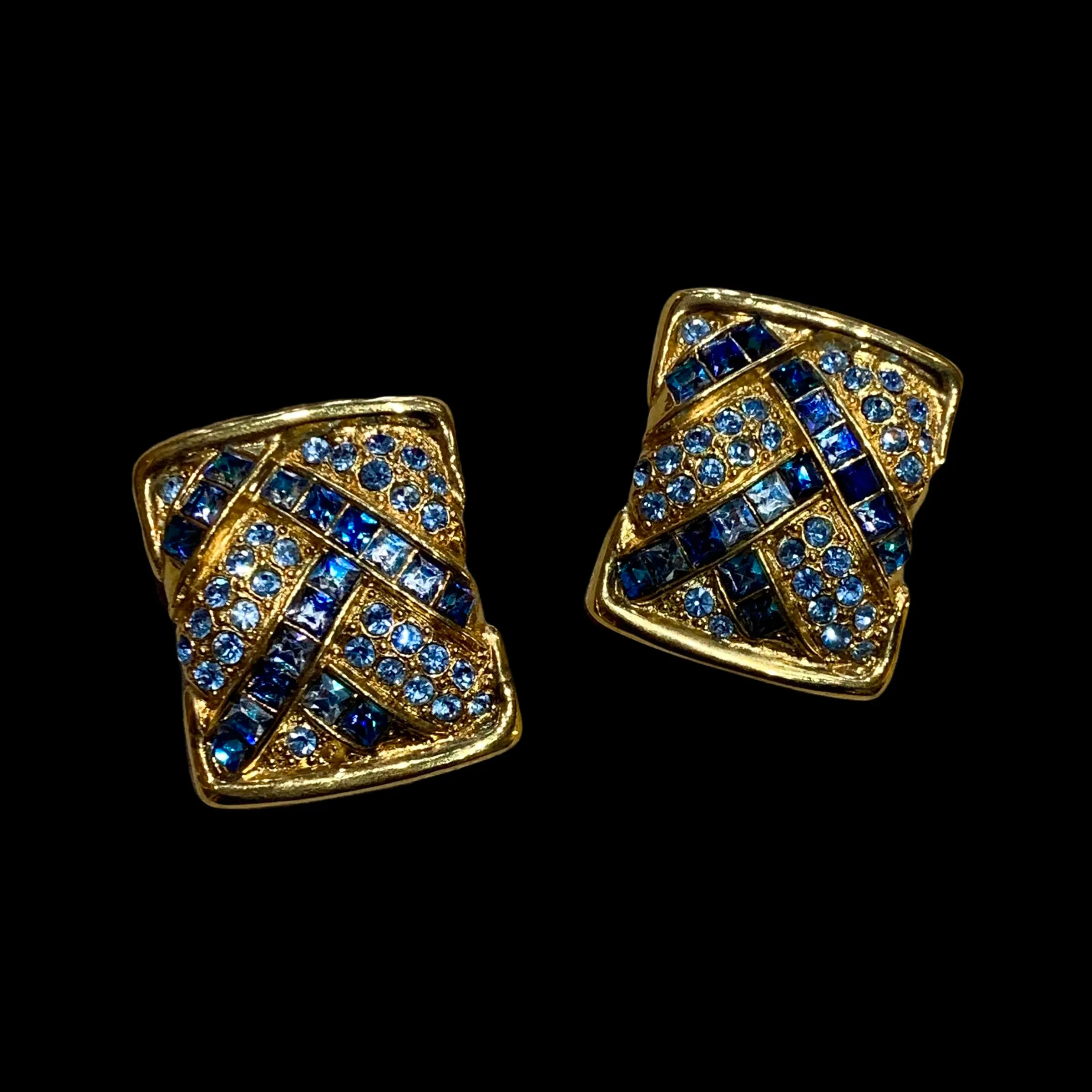 Yves Saint Laurent  Vintage Clip On Earrings Gold Blue Crystal Sqaure