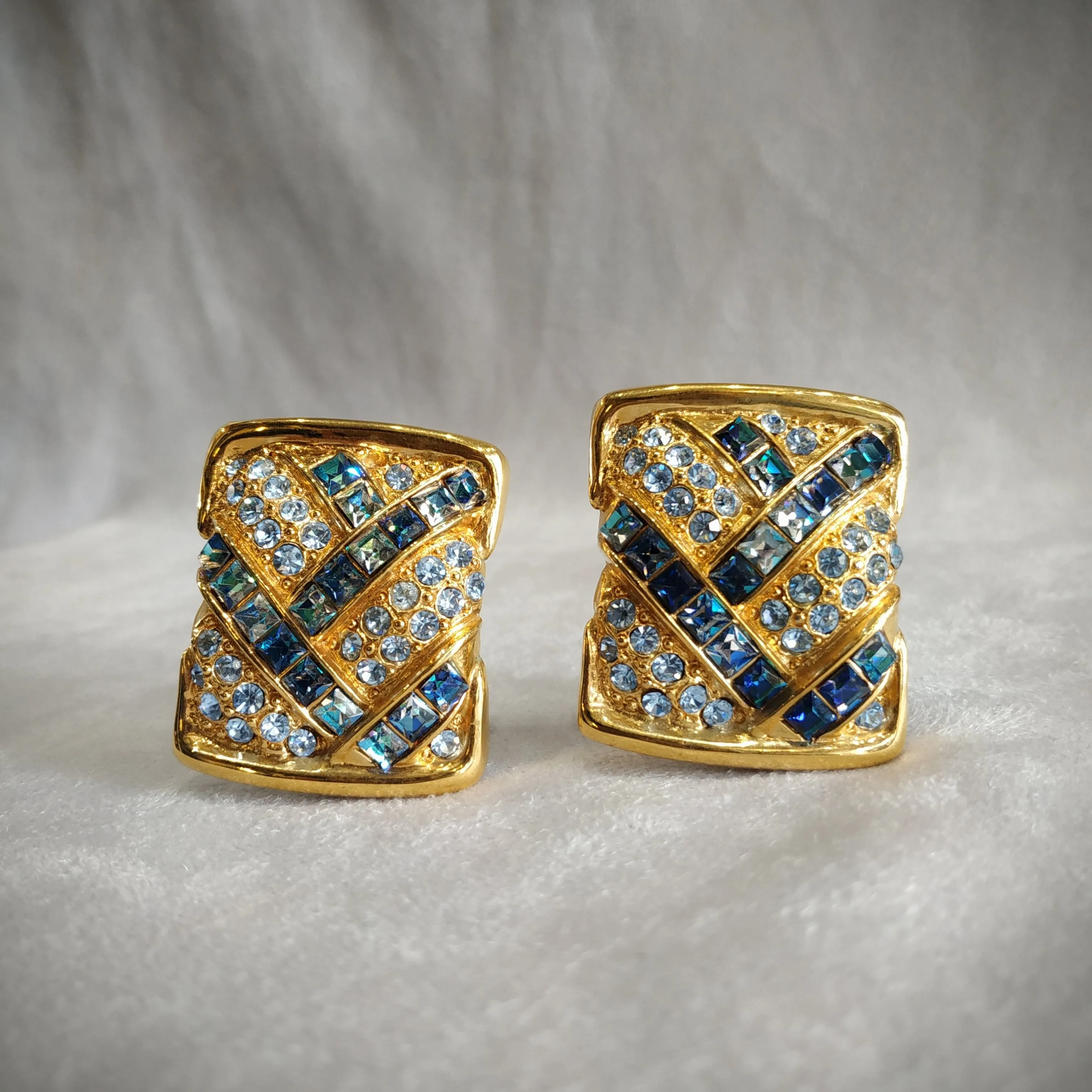 Yves Saint Laurent  Vintage Clip On Earrings Gold Blue Crystal Sqaure