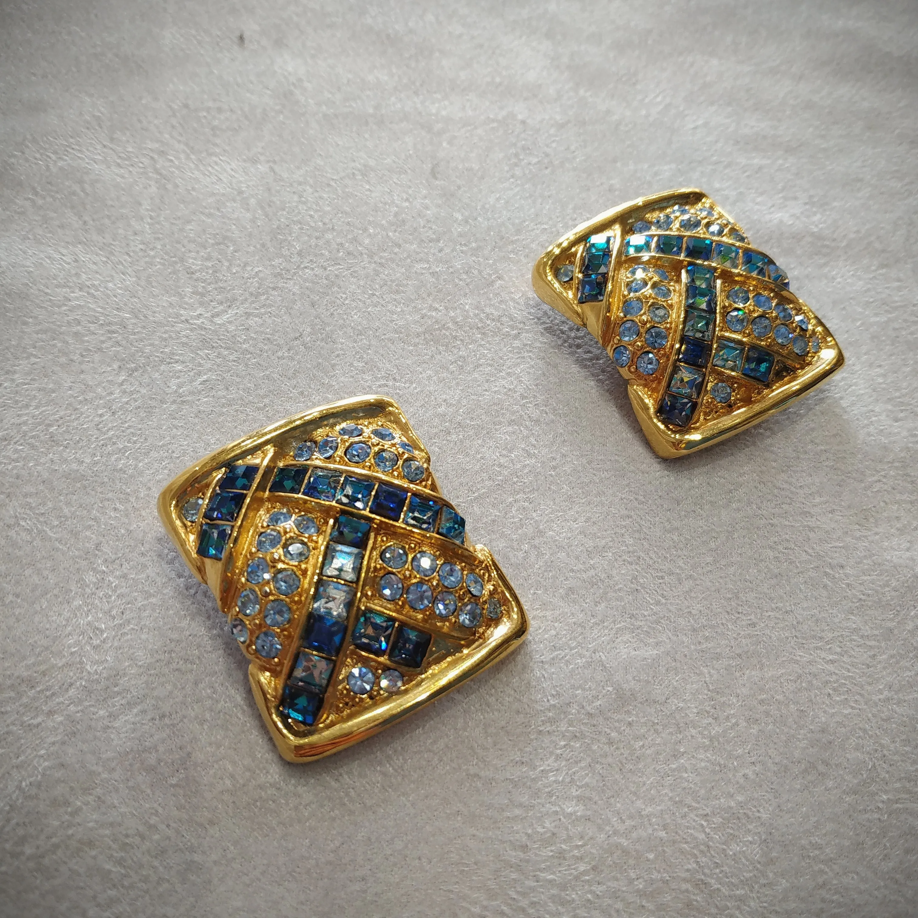 Yves Saint Laurent  Vintage Clip On Earrings Gold Blue Crystal Sqaure