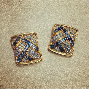 Yves Saint Laurent  Vintage Clip On Earrings Gold Blue Crystal Sqaure